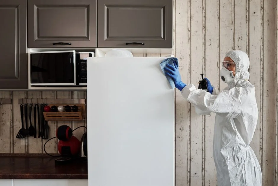 Vue rapprochée d’une main nettoyant une plaque de cuisson avec un vaporisateur et un chiffon.